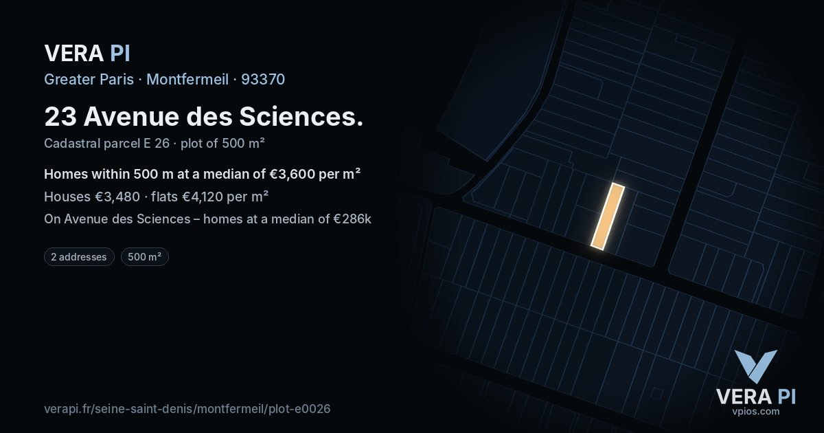 23 Avenue des Sciences, Montfermeil at night – the plot lit, the parcels around coloured by the prices near them