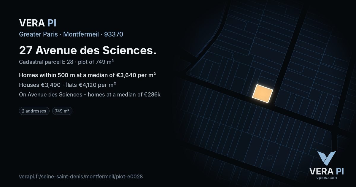 27 Avenue des Sciences, Montfermeil at night – the plot lit, the parcels around coloured by the prices near them