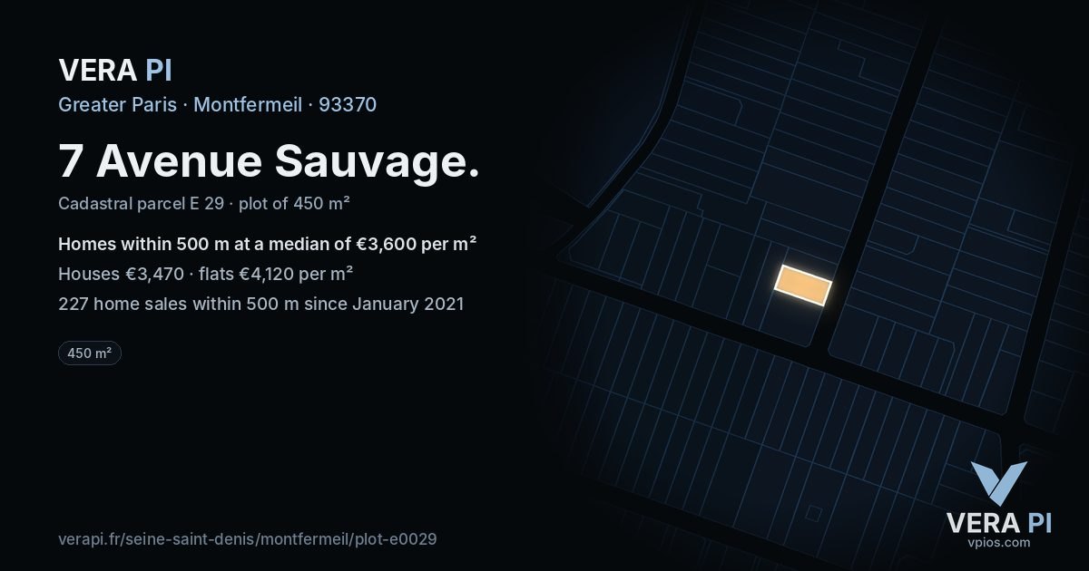 7 Avenue Sauvage, Montfermeil at night – the plot lit, the parcels around coloured by the prices near them