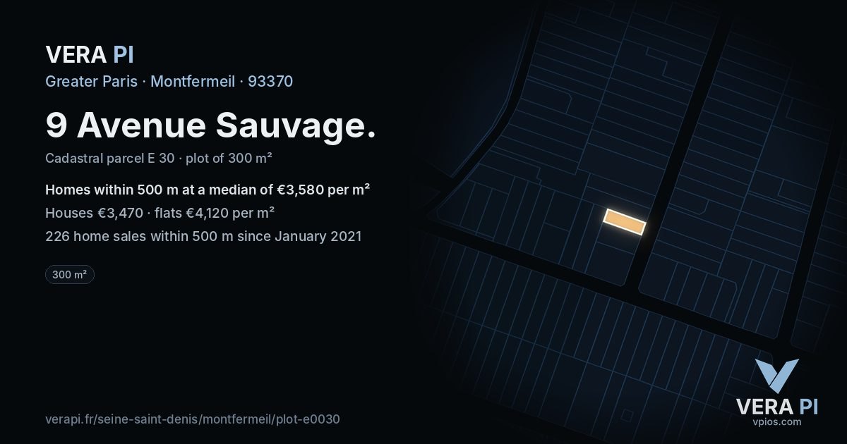 9 Avenue Sauvage, Montfermeil at night – the plot lit, the parcels around coloured by the prices near them