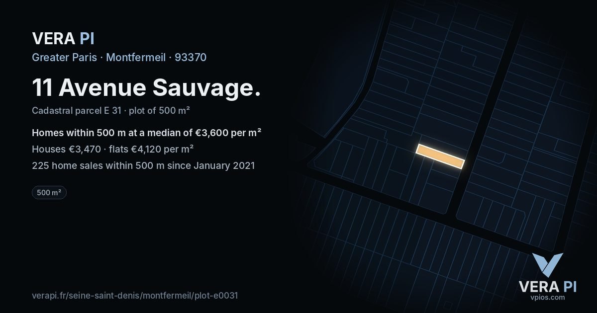 11 Avenue Sauvage, Montfermeil at night – the plot lit, the parcels around coloured by the prices near them