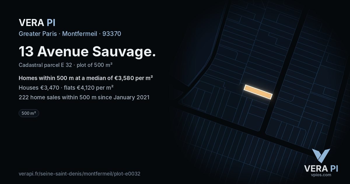 13 Avenue Sauvage, Montfermeil at night – the plot lit, the parcels around coloured by the prices near them