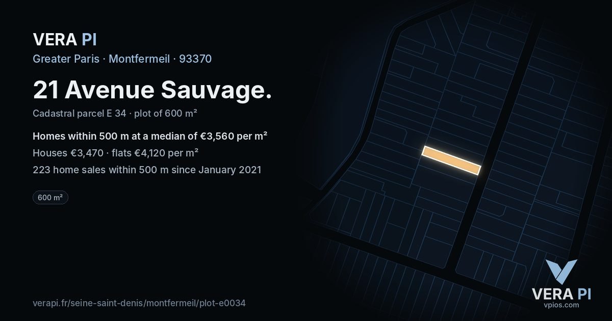21 Avenue Sauvage, Montfermeil at night – the plot lit, the parcels around coloured by the prices near them