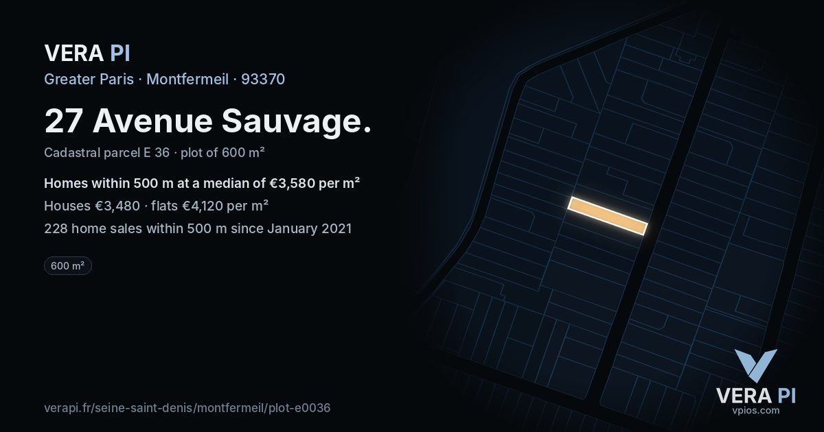 27 Avenue Sauvage, Montfermeil at night – the plot lit, the parcels around coloured by the prices near them