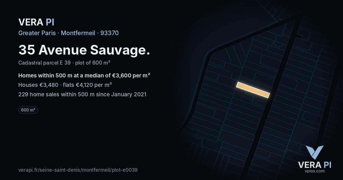 35 Avenue Sauvage, Montfermeil at night – the plot lit, the parcels around coloured by the prices near them