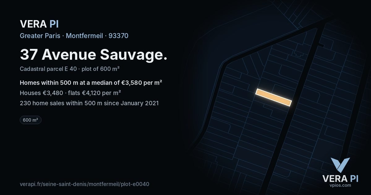 37 Avenue Sauvage, Montfermeil at night – the plot lit, the parcels around coloured by the prices near them