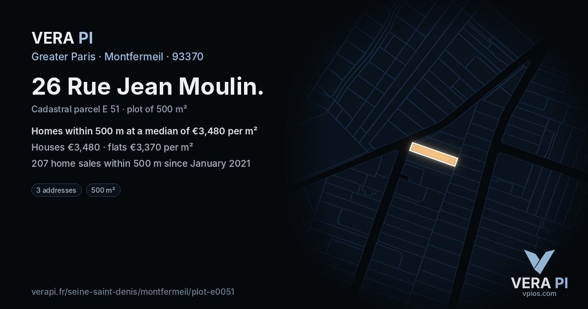 26 Rue Jean Moulin, Montfermeil at night – the plot lit, the parcels around coloured by the prices near them