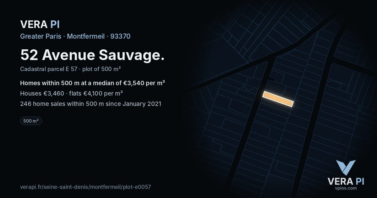 52 Avenue Sauvage, Montfermeil at night – the plot lit, the parcels around coloured by the prices near them