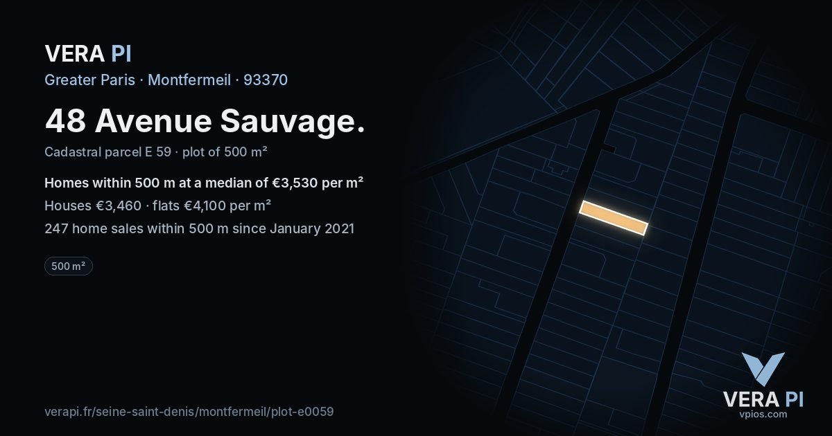 48 Avenue Sauvage, Montfermeil at night – the plot lit, the parcels around coloured by the prices near them