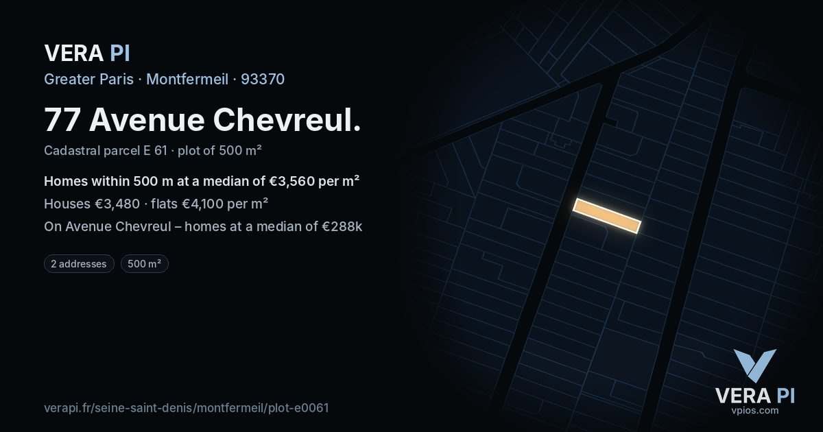 77 Avenue Chevreul, Montfermeil at night – the plot lit, the parcels around coloured by the prices near them