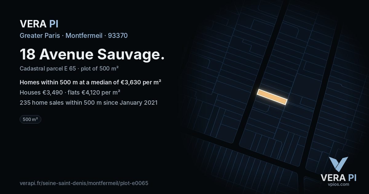 18 Avenue Sauvage, Montfermeil at night – the plot lit, the parcels around coloured by the prices near them