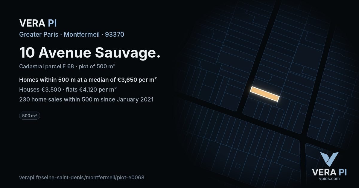 10 Avenue Sauvage, Montfermeil at night – the plot lit, the parcels around coloured by the prices near them