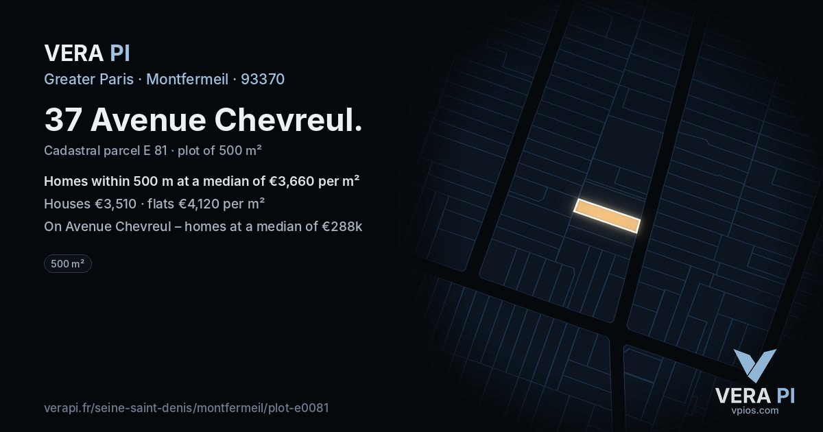 37 Avenue Chevreul, Montfermeil at night – the plot lit, the parcels around coloured by the prices near them
