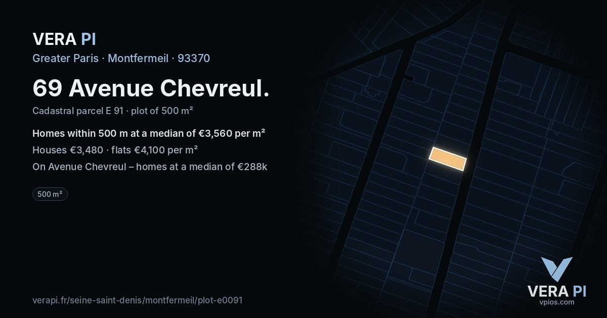 69 Avenue Chevreul, Montfermeil at night – the plot lit, the parcels around coloured by the prices near them