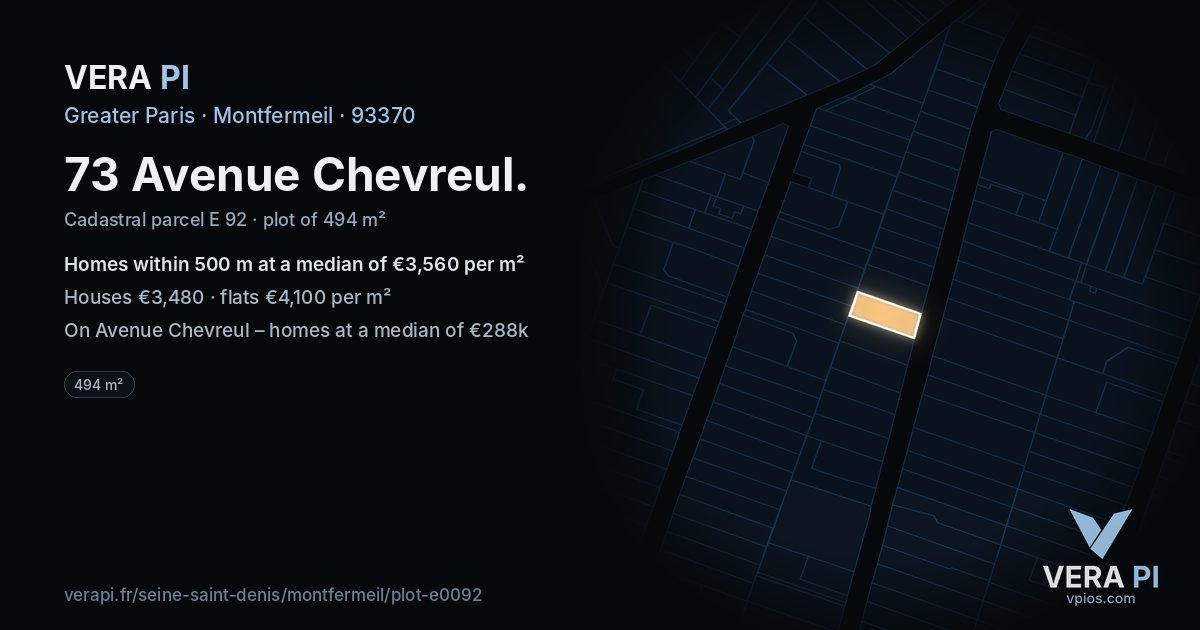 73 Avenue Chevreul, Montfermeil at night – the plot lit, the parcels around coloured by the prices near them