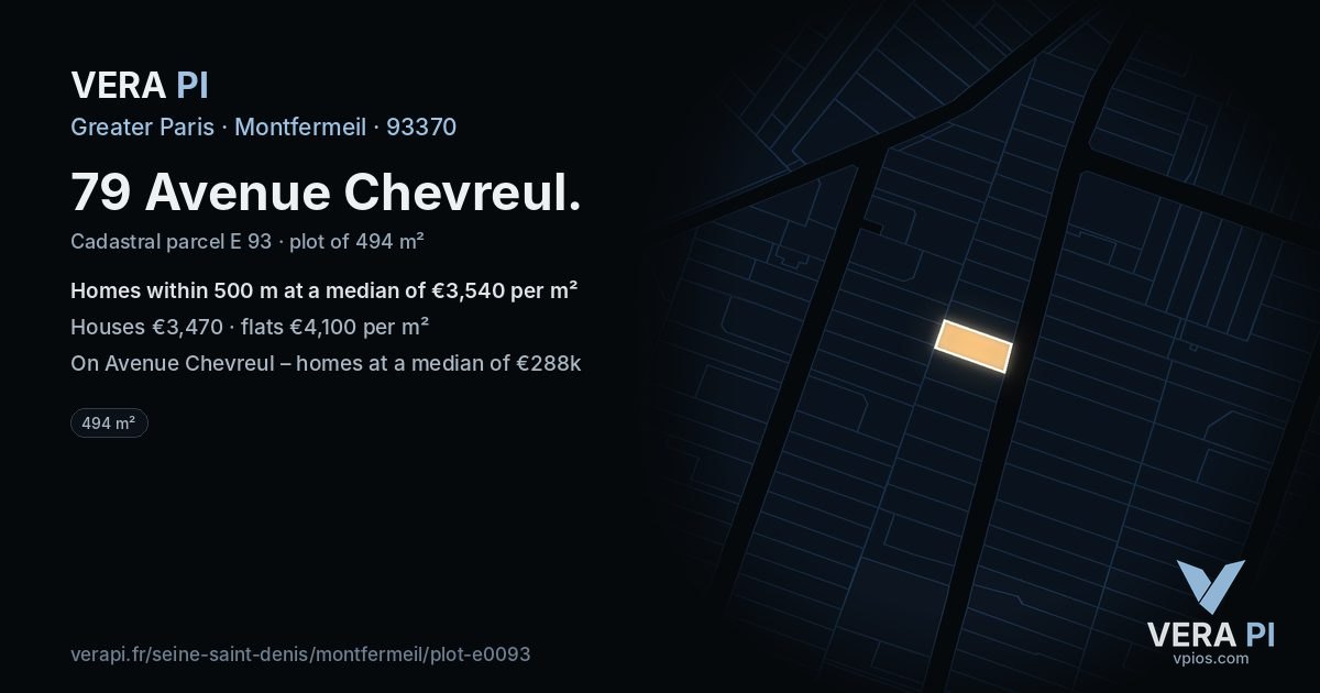 79 Avenue Chevreul, Montfermeil at night – the plot lit, the parcels around coloured by the prices near them