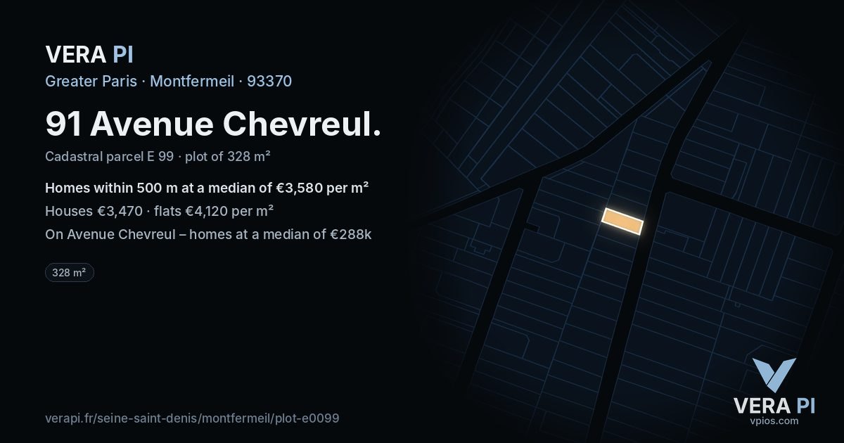 91 Avenue Chevreul, Montfermeil at night – the plot lit, the parcels around coloured by the prices near them