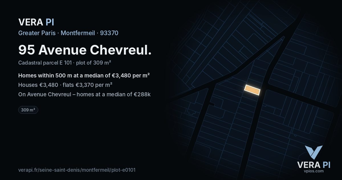 95 Avenue Chevreul, Montfermeil at night – the plot lit, the parcels around coloured by the prices near them