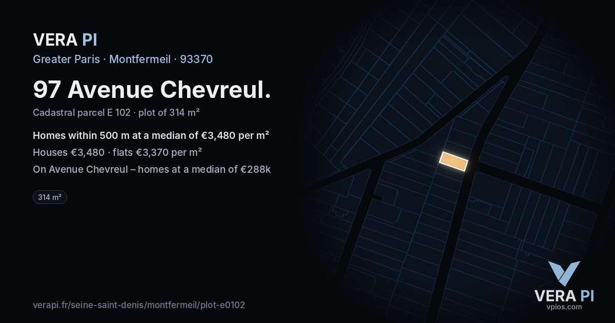 97 Avenue Chevreul, Montfermeil at night – the plot lit, the parcels around coloured by the prices near them
