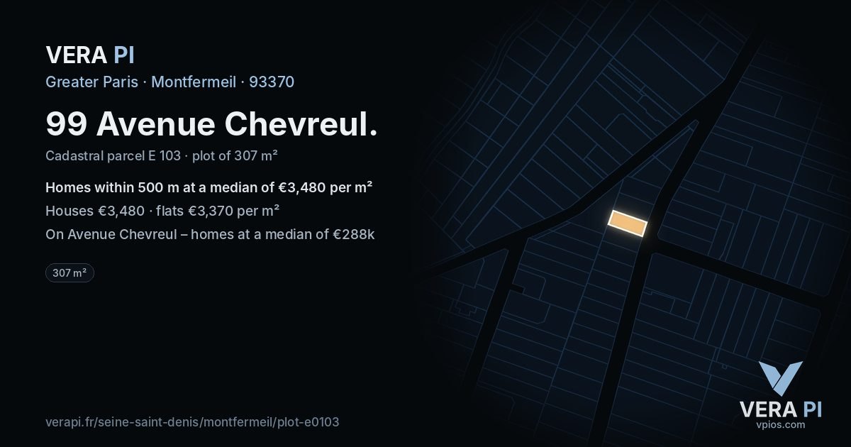 99 Avenue Chevreul, Montfermeil at night – the plot lit, the parcels around coloured by the prices near them