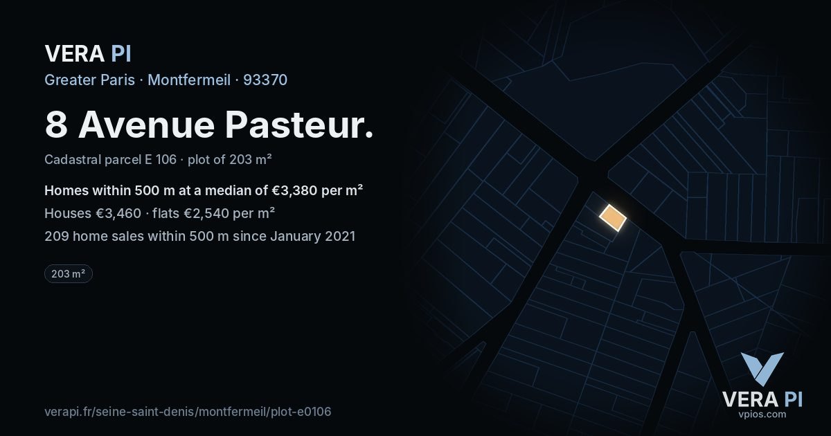 8 Avenue Pasteur, Montfermeil at night – the plot lit, the parcels around coloured by the prices near them