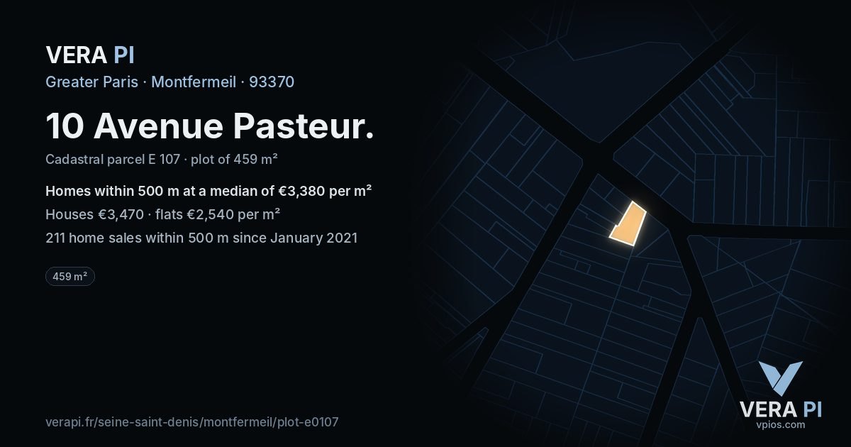 10 Avenue Pasteur, Montfermeil at night – the plot lit, the parcels around coloured by the prices near them