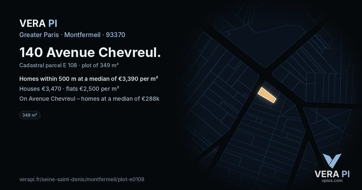 140 Avenue Chevreul, Montfermeil at night – the plot lit, the parcels around coloured by the prices near them