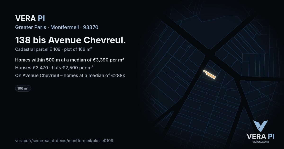 138 bis Avenue Chevreul, Montfermeil at night – the plot lit, the parcels around coloured by the prices near them