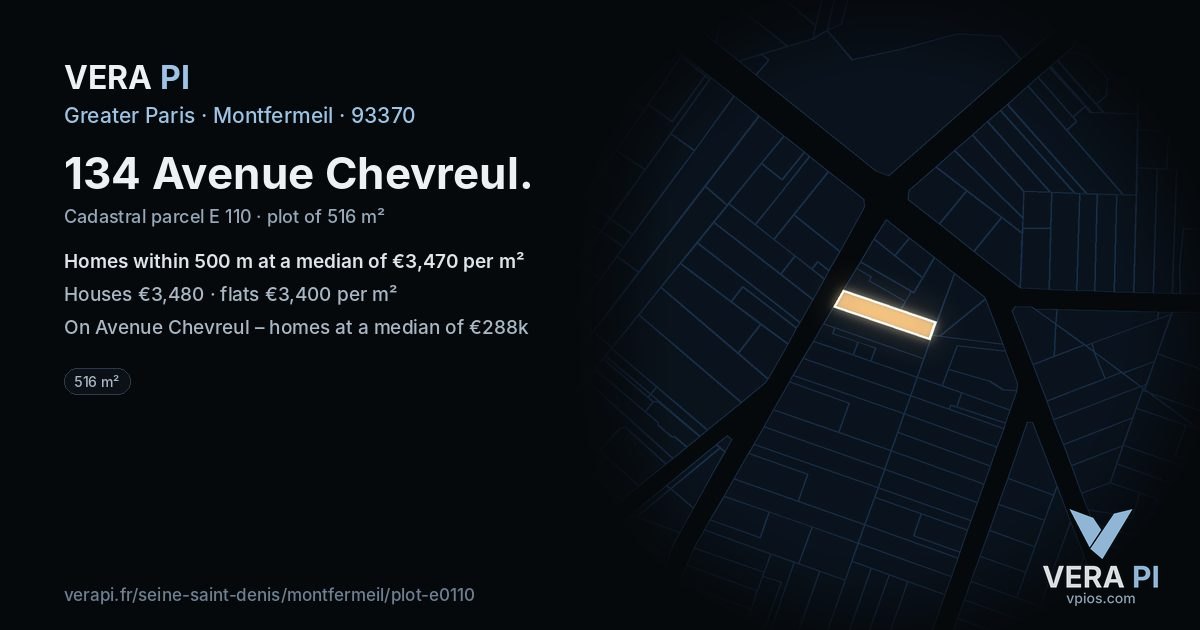 134 Avenue Chevreul, Montfermeil at night – the plot lit, the parcels around coloured by the prices near them
