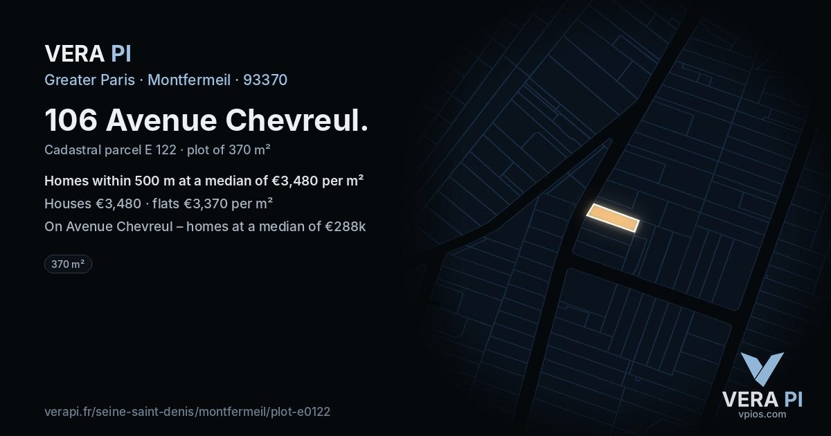 106 Avenue Chevreul, Montfermeil at night – the plot lit, the parcels around coloured by the prices near them