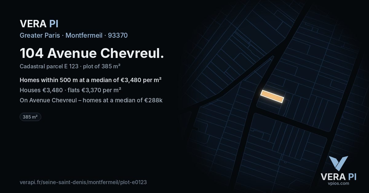 104 Avenue Chevreul, Montfermeil at night – the plot lit, the parcels around coloured by the prices near them
