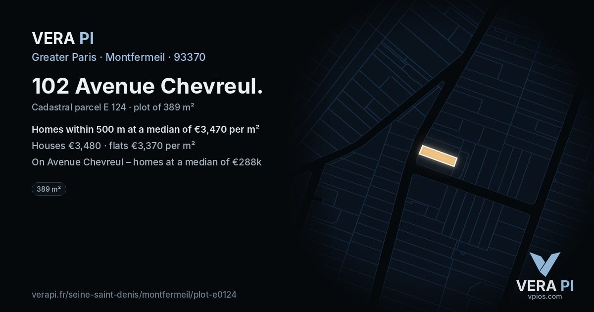 102 Avenue Chevreul, Montfermeil at night – the plot lit, the parcels around coloured by the prices near them