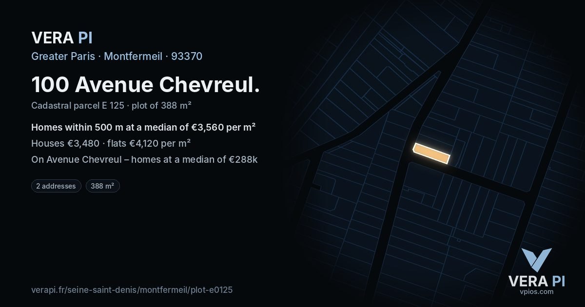 100 Avenue Chevreul, Montfermeil at night – the plot lit, the parcels around coloured by the prices near them