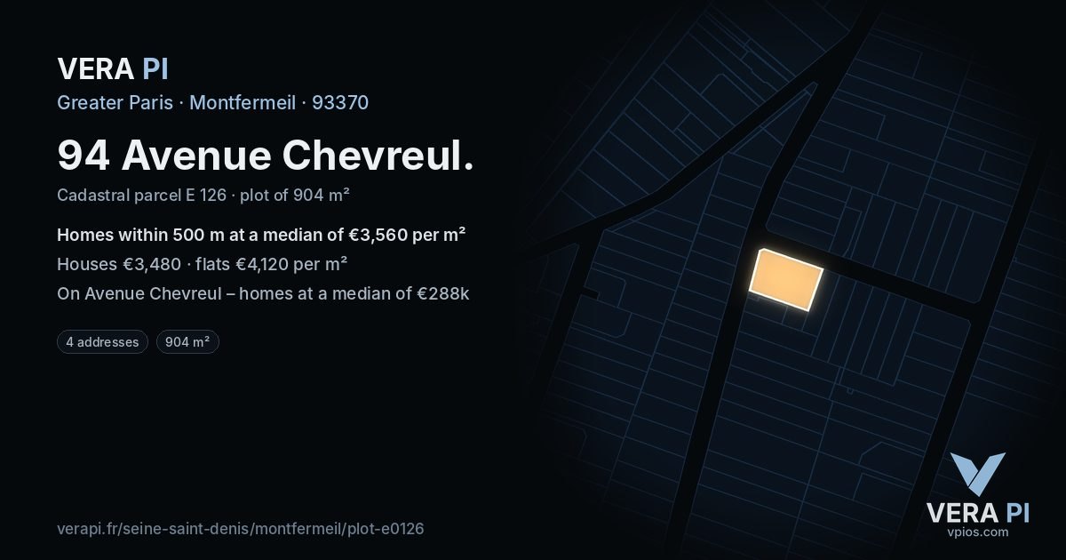94 Avenue Chevreul, Montfermeil at night – the plot lit, the parcels around coloured by the prices near them
