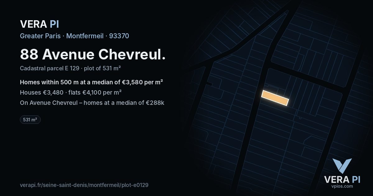 88 Avenue Chevreul, Montfermeil at night – the plot lit, the parcels around coloured by the prices near them