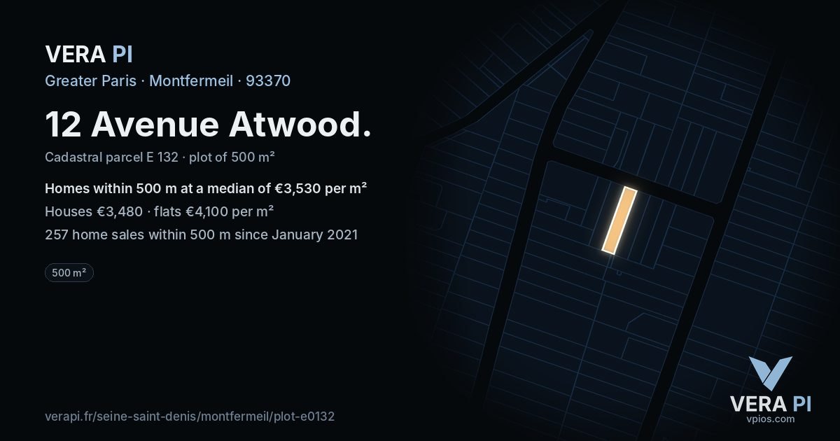 12 Avenue Atwood, Montfermeil at night – the plot lit, the parcels around coloured by the prices near them
