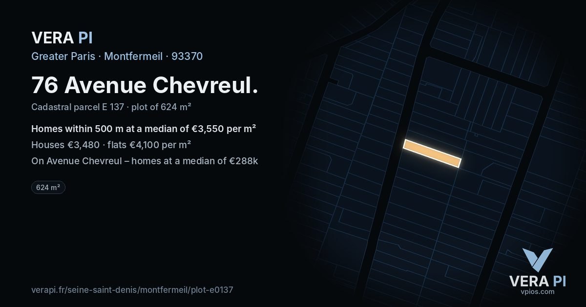 76 Avenue Chevreul, Montfermeil at night – the plot lit, the parcels around coloured by the prices near them