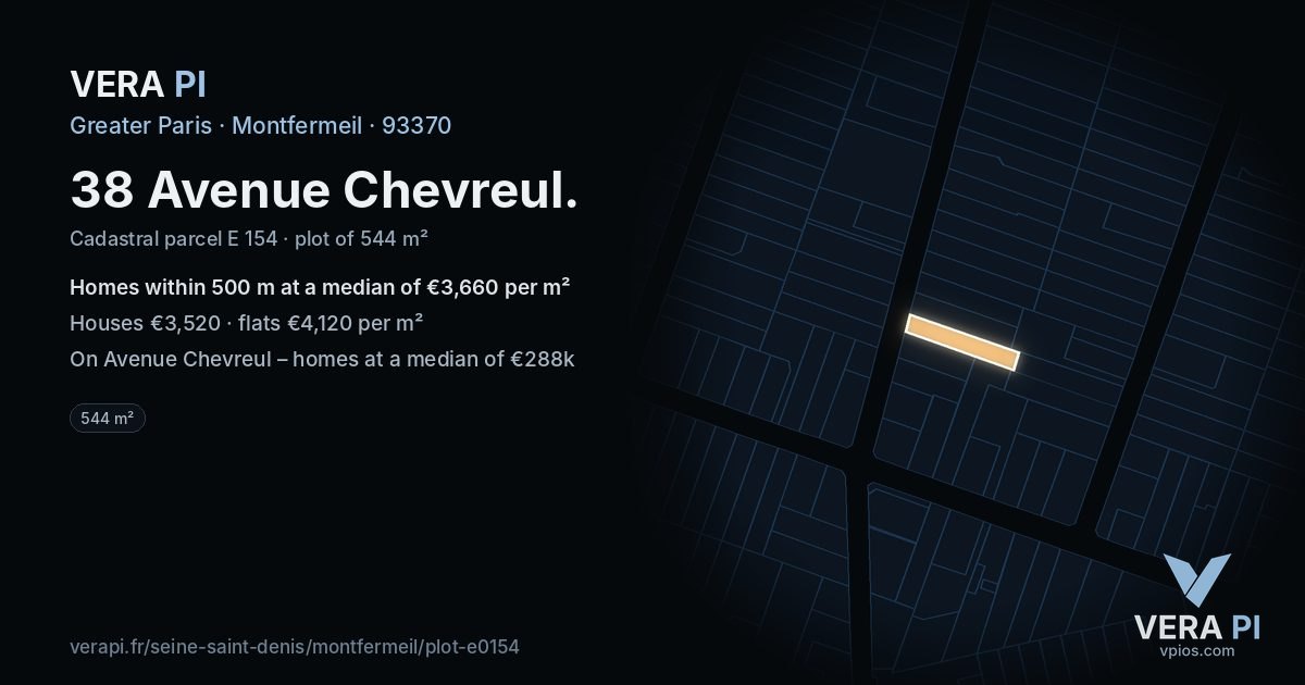 38 Avenue Chevreul, Montfermeil at night – the plot lit, the parcels around coloured by the prices near them