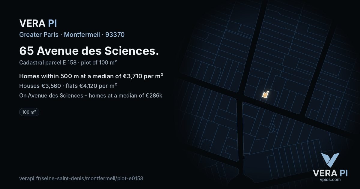 65 Avenue des Sciences, Montfermeil at night – the plot lit, the parcels around coloured by the prices near them