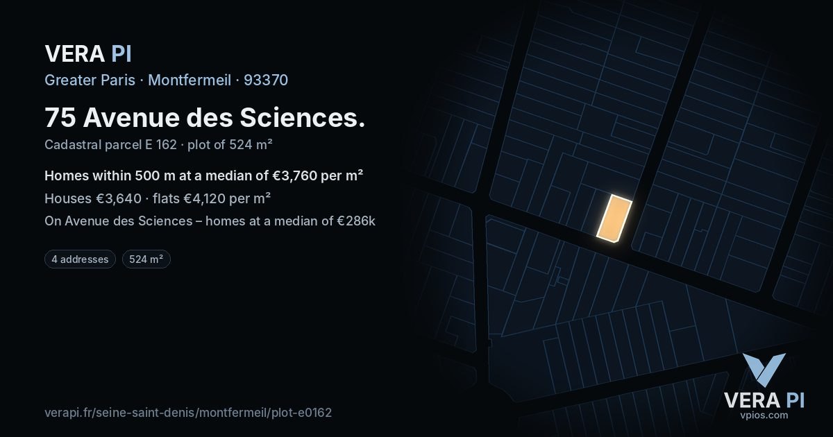 75 Avenue des Sciences, Montfermeil at night – the plot lit, the parcels around coloured by the prices near them