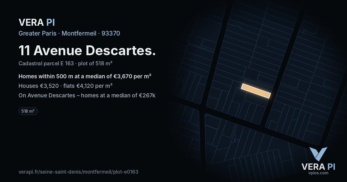 11 Avenue Descartes, Montfermeil at night – the plot lit, the parcels around coloured by the prices near them