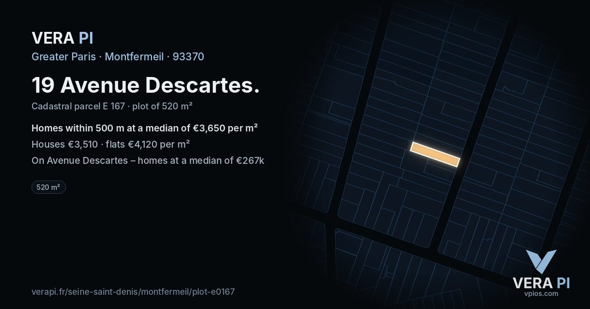19 Avenue Descartes, Montfermeil at night – the plot lit, the parcels around coloured by the prices near them