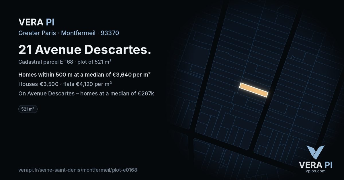 21 Avenue Descartes, Montfermeil at night – the plot lit, the parcels around coloured by the prices near them