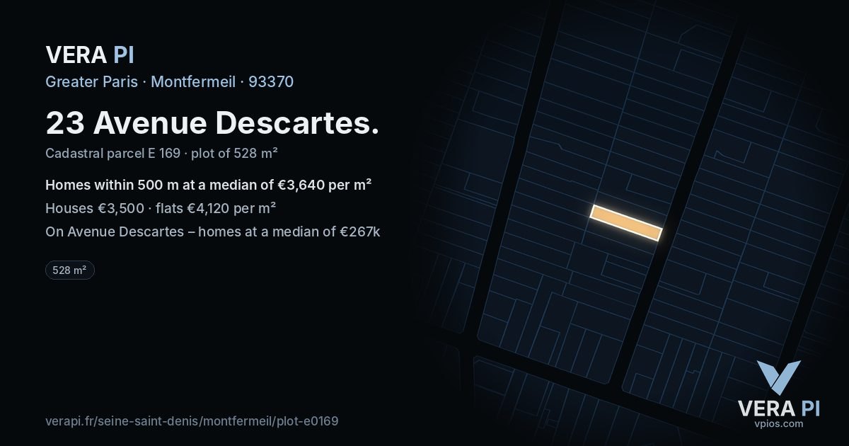23 Avenue Descartes, Montfermeil at night – the plot lit, the parcels around coloured by the prices near them