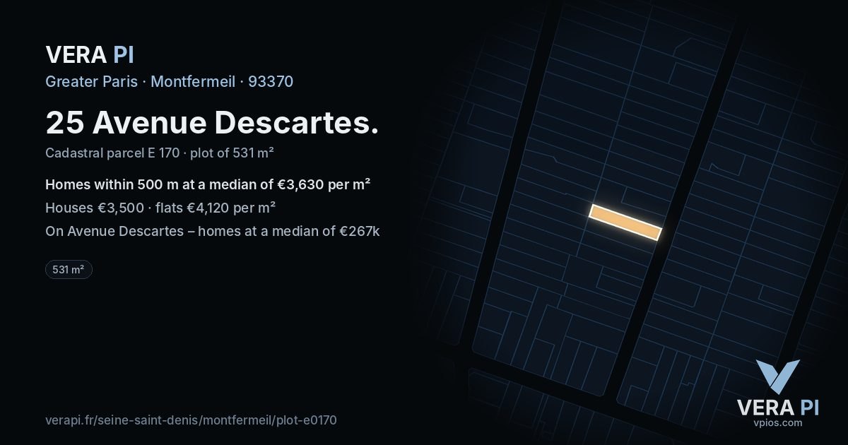 25 Avenue Descartes, Montfermeil at night – the plot lit, the parcels around coloured by the prices near them