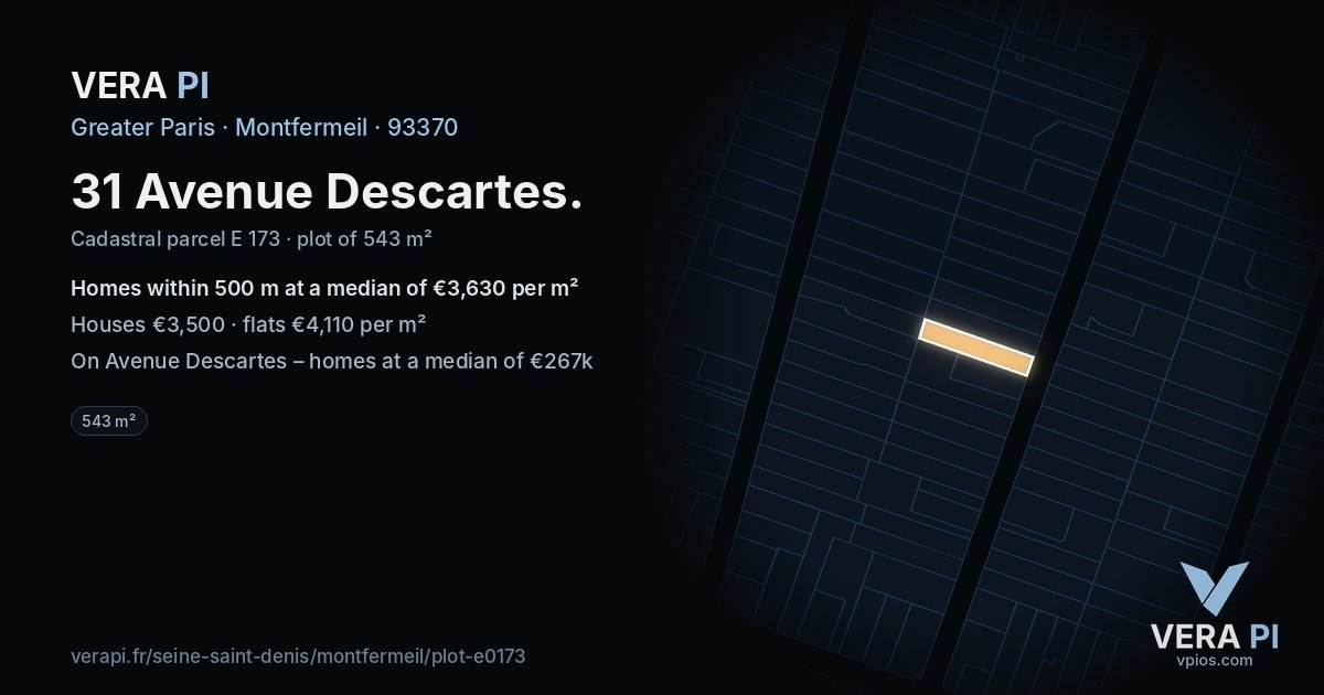 31 Avenue Descartes, Montfermeil at night – the plot lit, the parcels around coloured by the prices near them