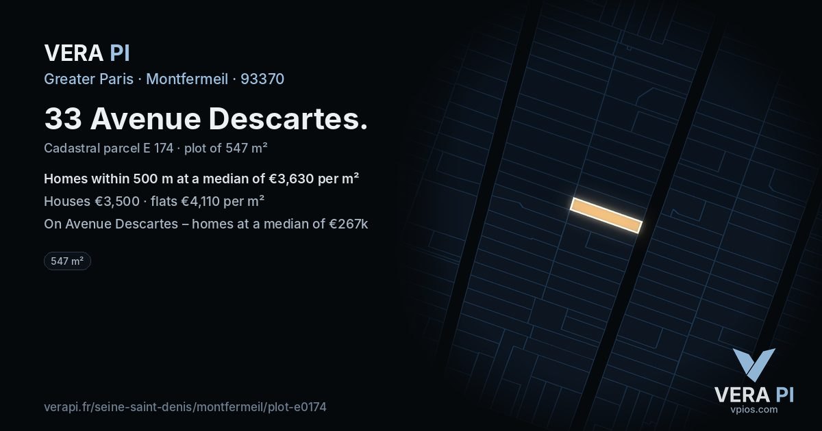 33 Avenue Descartes, Montfermeil at night – the plot lit, the parcels around coloured by the prices near them