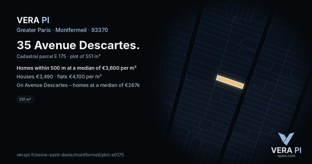 35 Avenue Descartes, Montfermeil at night – the plot lit, the parcels around coloured by the prices near them