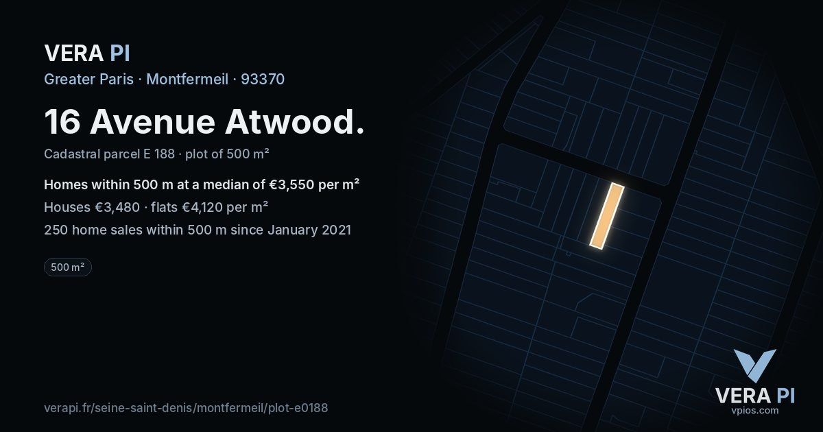 16 Avenue Atwood, Montfermeil at night – the plot lit, the parcels around coloured by the prices near them