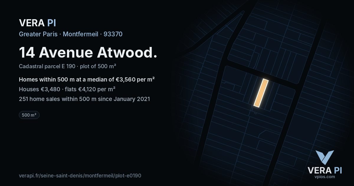 14 Avenue Atwood, Montfermeil at night – the plot lit, the parcels around coloured by the prices near them